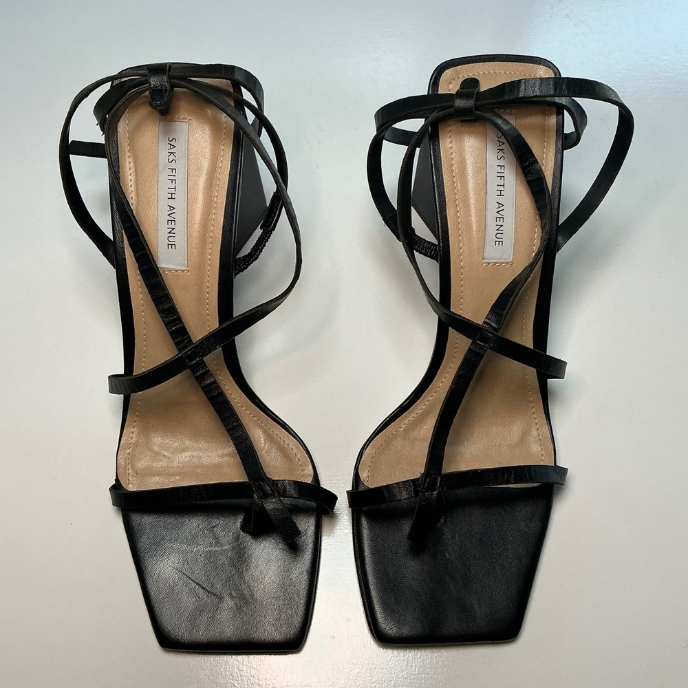 Saks Fifth Avenue Black Leather Strappy Square Toe Triangular Block Heel Sandals - Picture 1 of 12